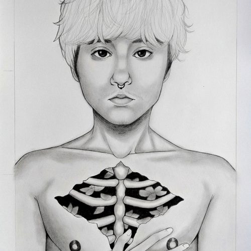 A pencil drawing of a shirtless person with a hand on their chest and their ribs are visible.