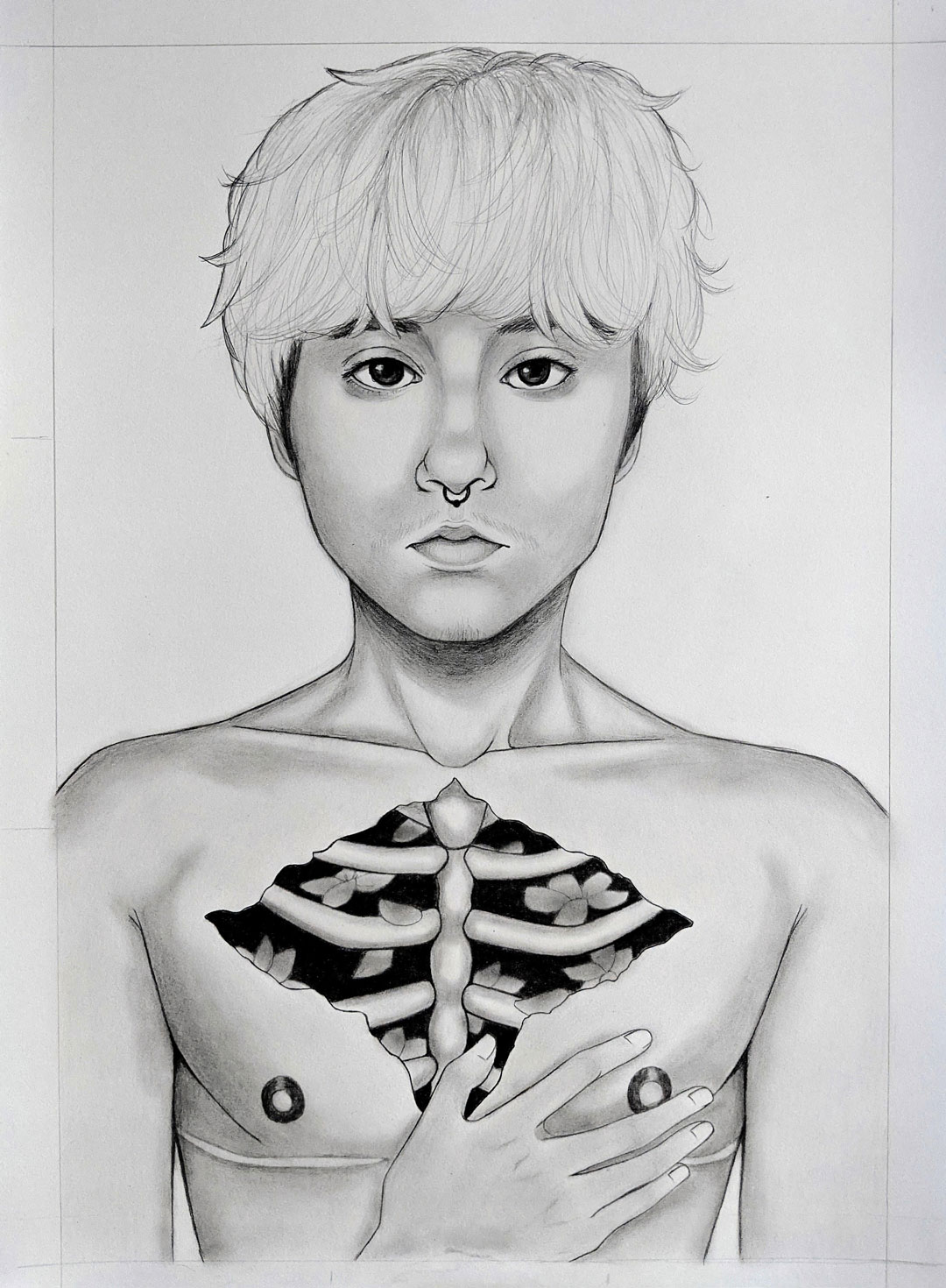 A pencil drawing of a shirtless person with a hand on their chest and their ribs are visible.