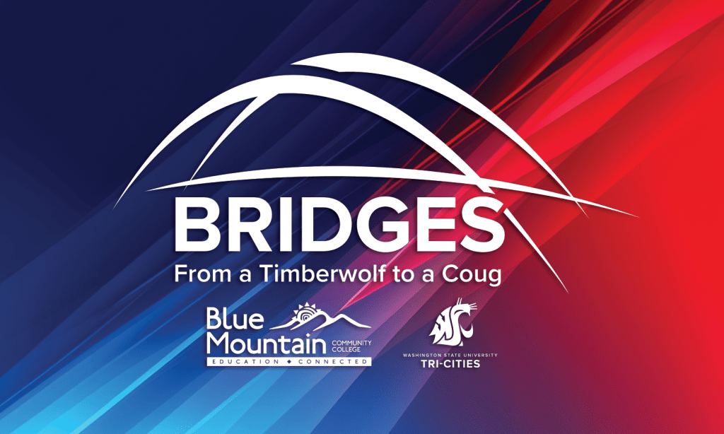 White lines creating the shape of a bridge on a blue and crimson gradient background. Text reads "Bridges From a Timberwolf to a Coug" with the Blue Mountain Community College and Washington State University Tri-Cities logos below it.