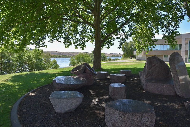 Stone sculptures of different shapes sitting under trees.