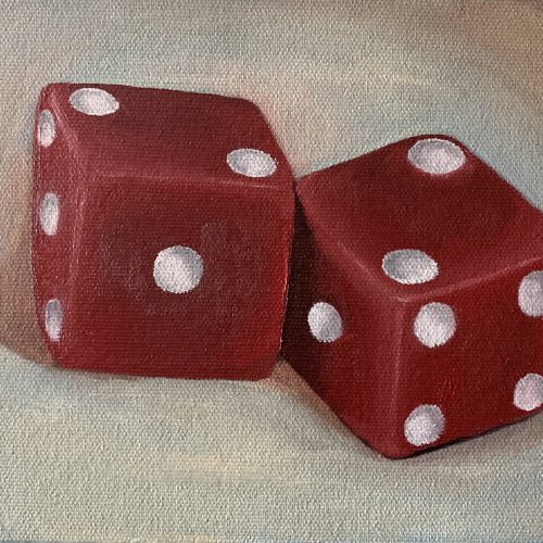 still life oil painting of 2 red dice