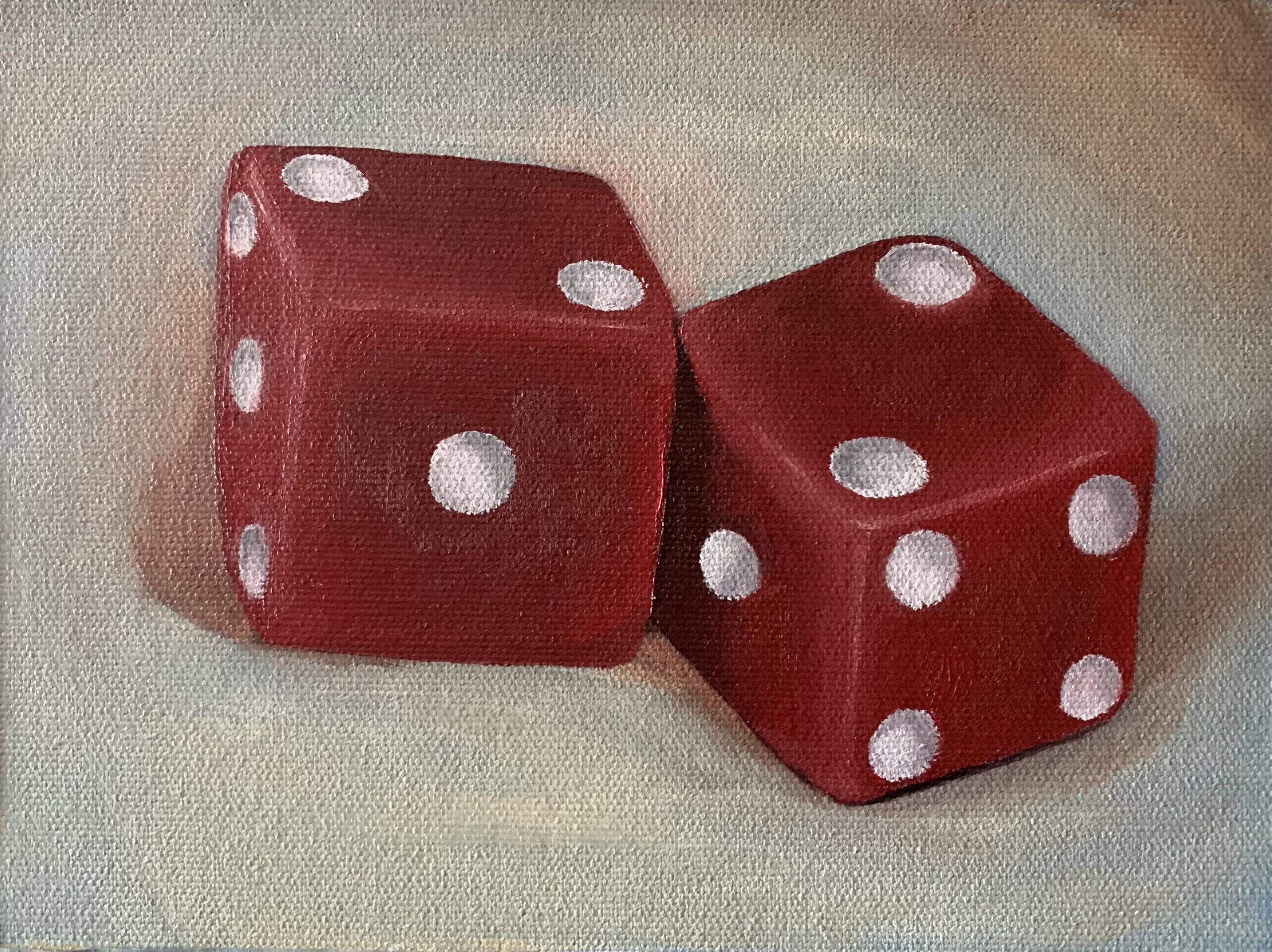 still life oil painting of 2 red dice
