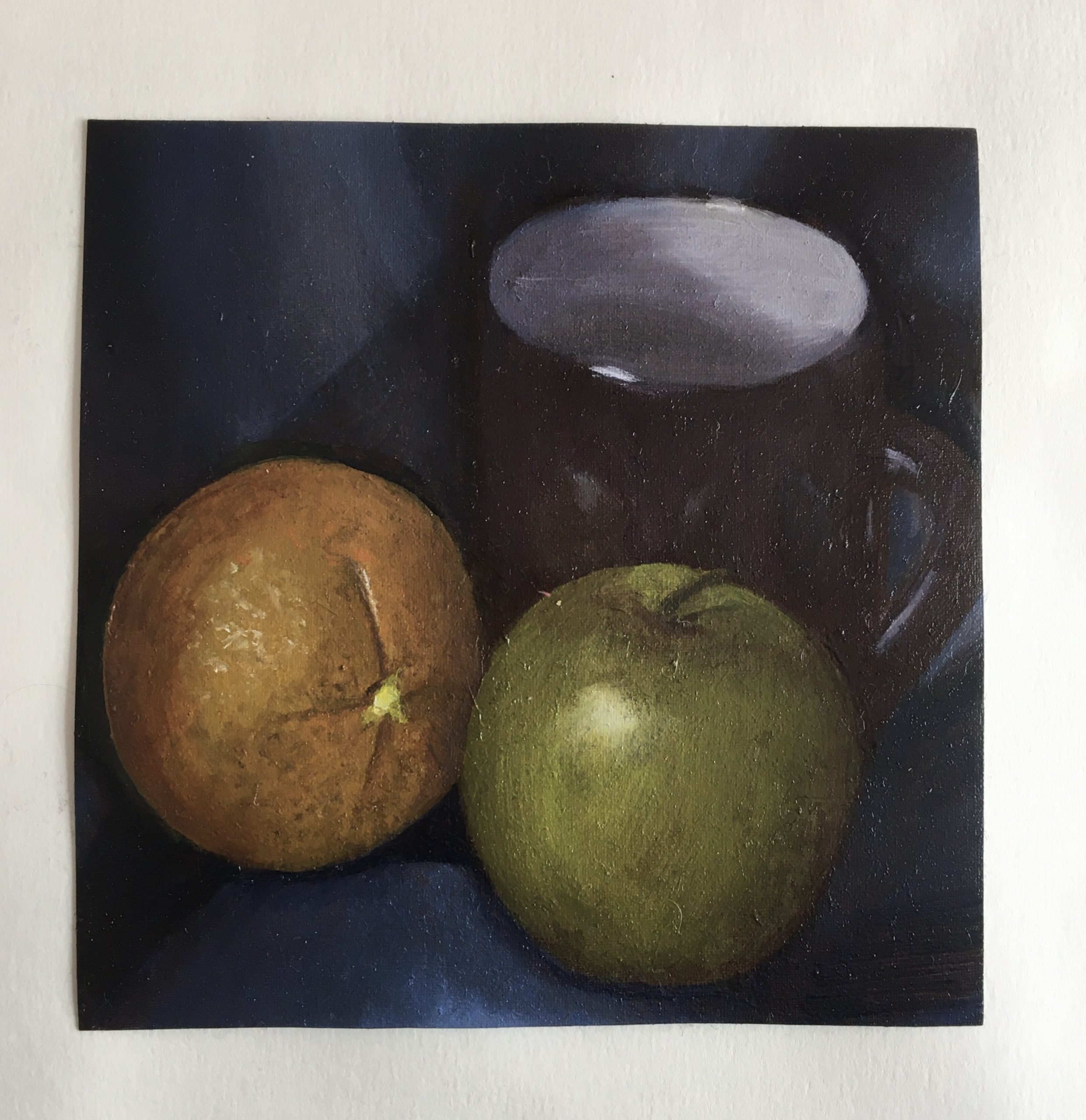 oil painting of an orange, apple, and a cup