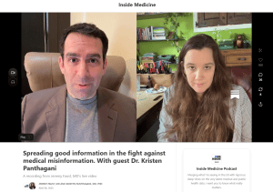 Screenshot of Inside Medicine Podcast Substack page with image of Kristen Panthagani speaking with Jeremy Faust with headline, Spreading good information in the fight against medical misinformation.