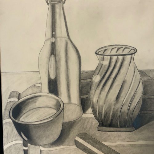 graphite drawing of a bowl, vase,