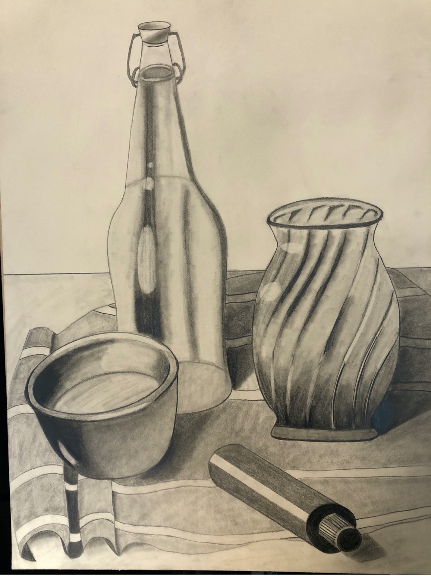 graphite drawing of a bowl, vase,