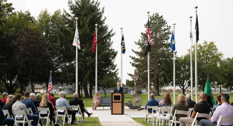 Retired Gen. James Mattis speaks at the Stories Veterans Memorial unveiling at WSU Tri-Cities