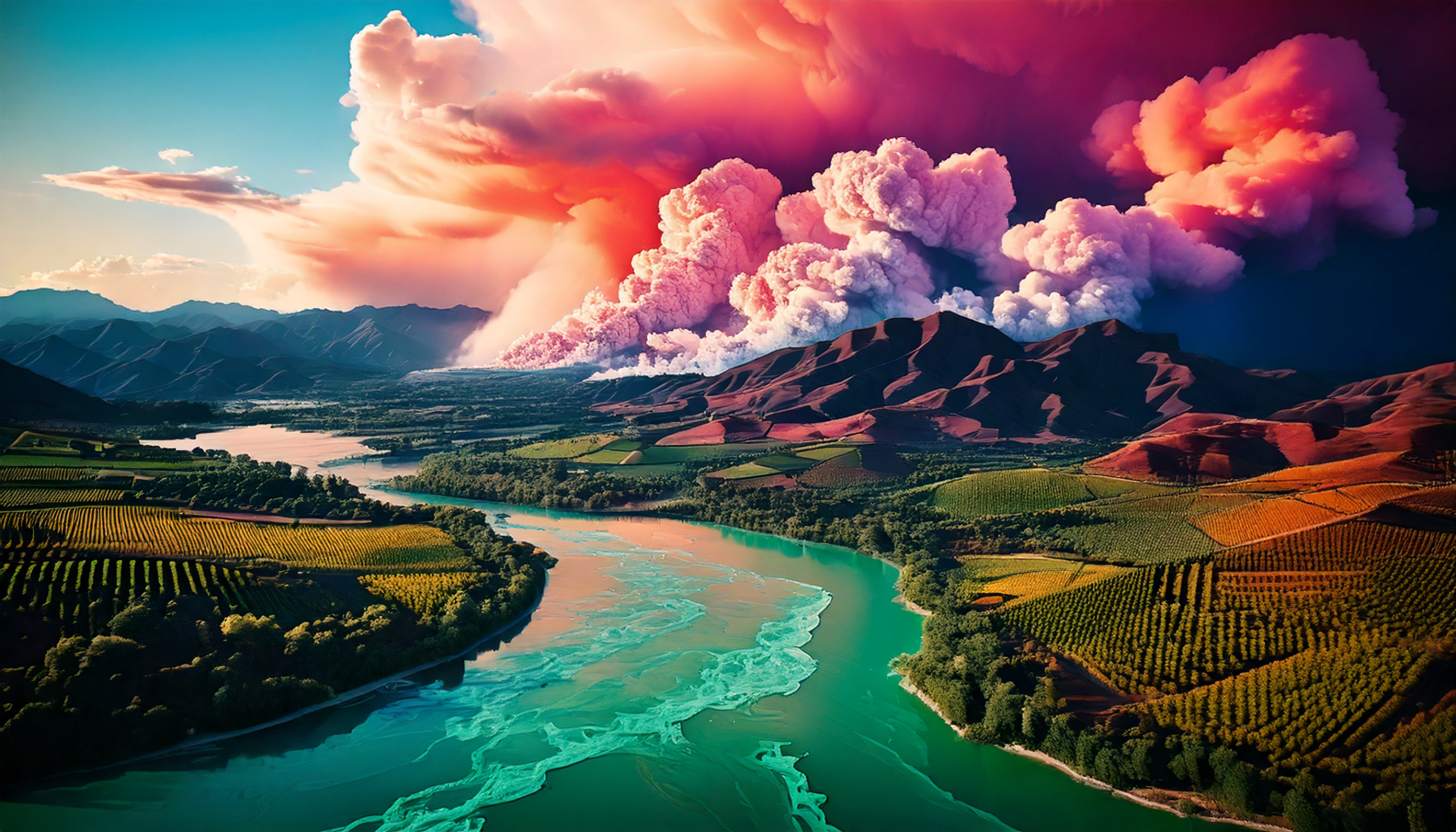 Rainbow-tinted landscape of river with algae blooms and mountains in the background with smoke pluming from them.