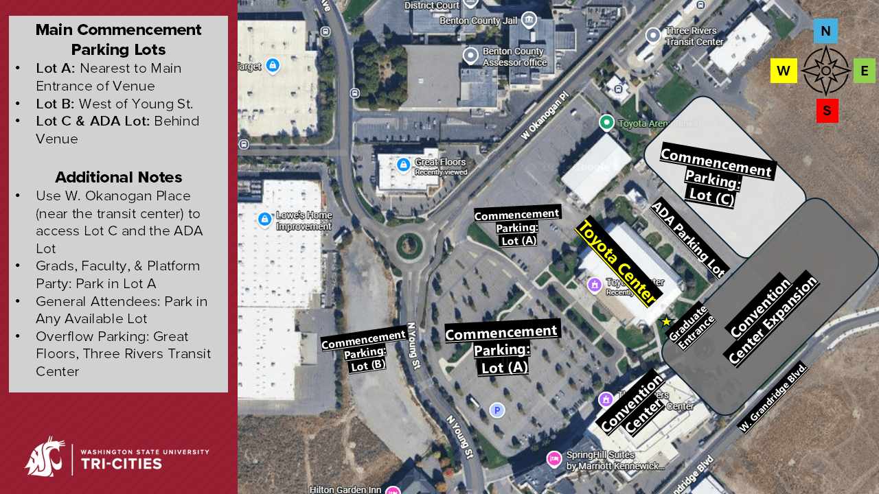 Aerial view of Toyota Center labeled with different parking lots. Full description of this image provided below.