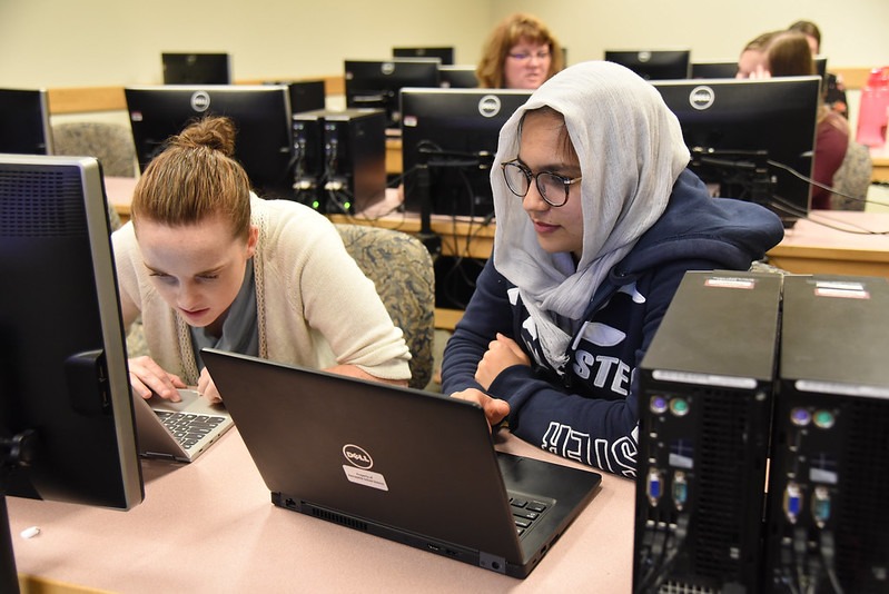 Two students working on laptops in the computer lab.