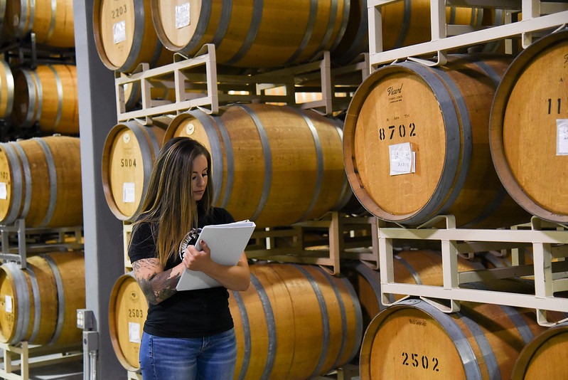 Student writing with a clipboard in front of rows of wine barrels.