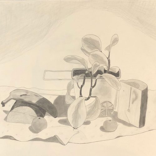 A still life of 6 biomorphic objects, including: two halves of a small log, two oranges, a banana, and a plant in a cart-shaped pot on some fabric.