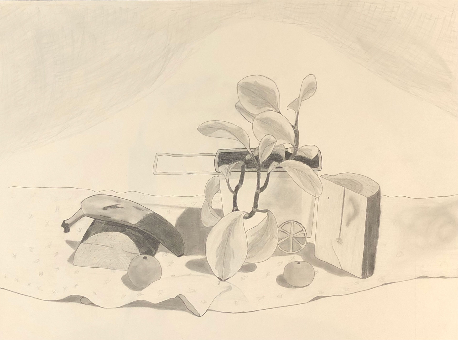 A still life of 6 biomorphic objects, including: two halves of a small log, two oranges, a banana, and a plant in a cart-shaped pot on some fabric.