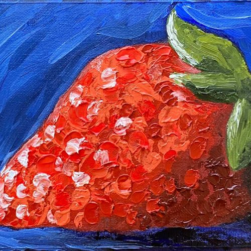 A single strawberry, painted using thick spots of reds, oranges, pinks, and white