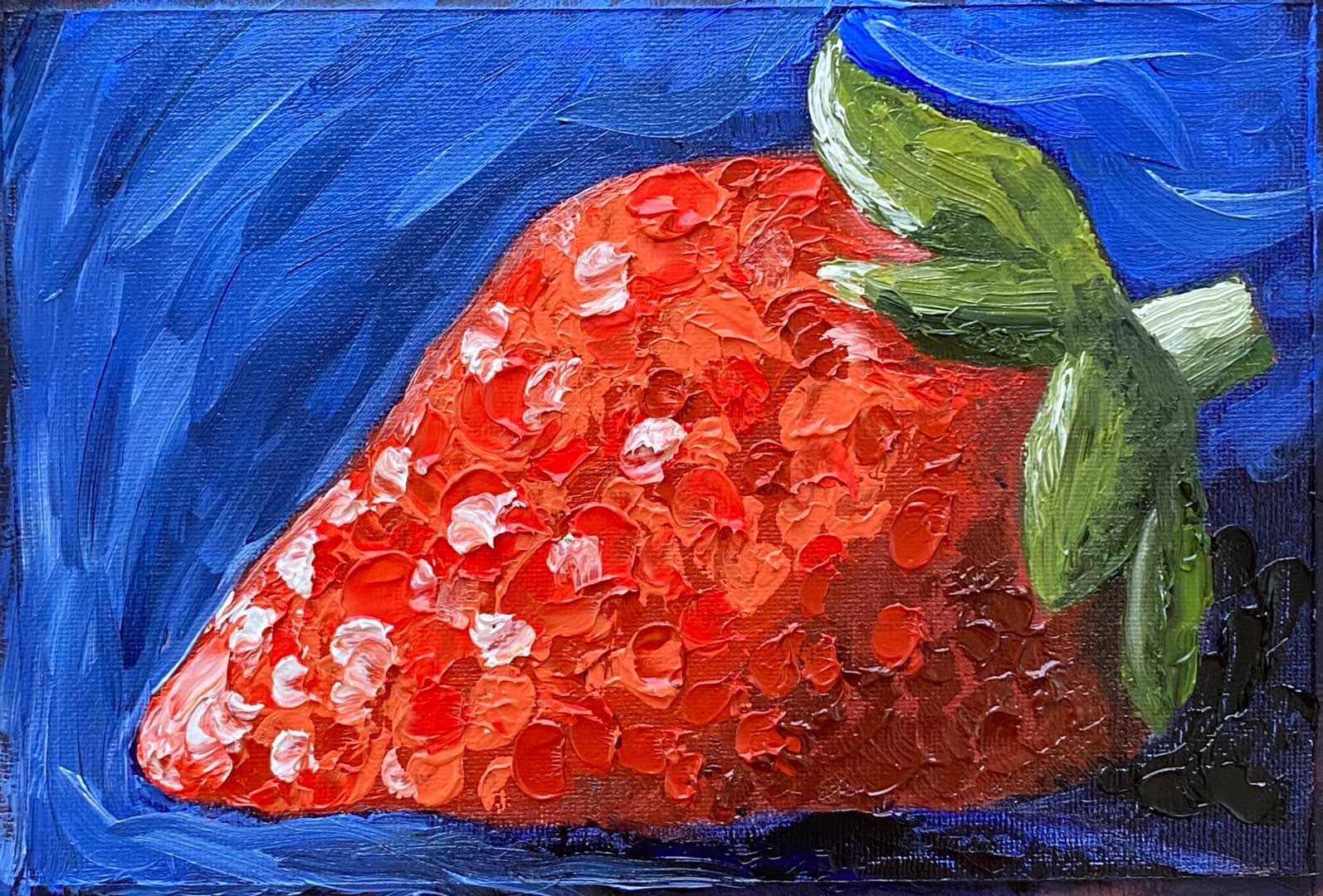 A single strawberry, painted using thick spots of reds, oranges, pinks, and white